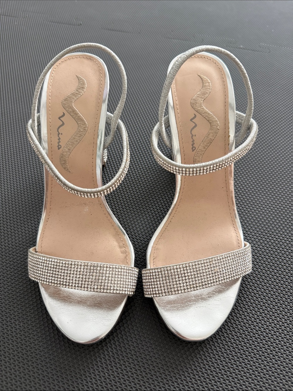 Nina Silver Rhinestone Strap Heels